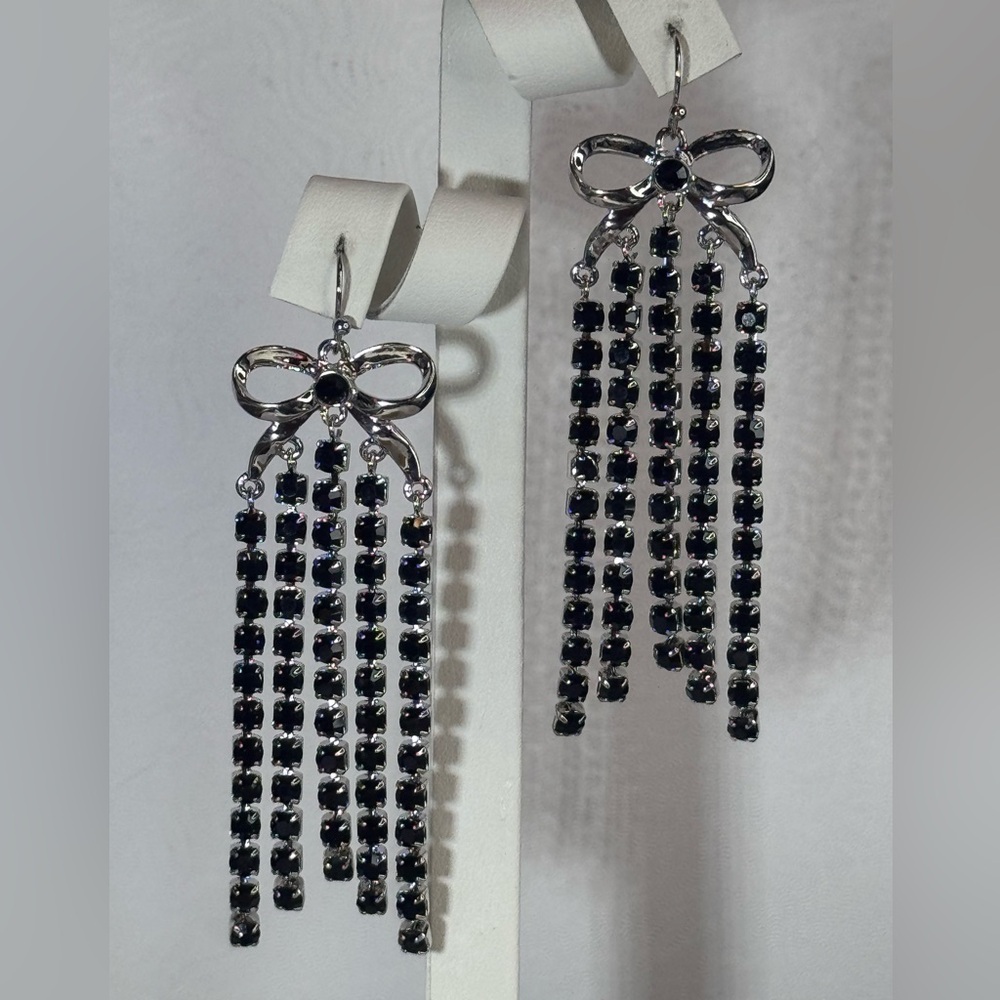 Silver Bow with Dangling Long Black Crystals Made W/ Swarovski Crystals